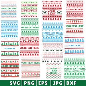 May include: A collection of Christmas sweater designs in various colors, including red, green, and blue. Each design features repeating patterns of trees, snowflakes, and geometric shapes. The text "YOUR TEXT HERE" is included in several designs. The image also includes file type icons.