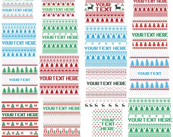 May include: A collection of Christmas sweater designs in various colors, including red, green, and blue. Each design features repeating patterns of trees, snowflakes, and geometric shapes. The text "YOUR TEXT HERE" is included in several designs. The image also includes file type icons.
