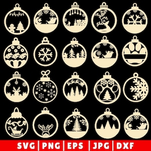 May include: A collection of beige Christmas ornament cutouts with various festive designs, including snowflakes, reindeer, Santa in a sleigh, and Christmas trees. The ornaments are displayed against a black background. The bottom of the image has the text "SVG | PNG | EPS | JPG | DXF".