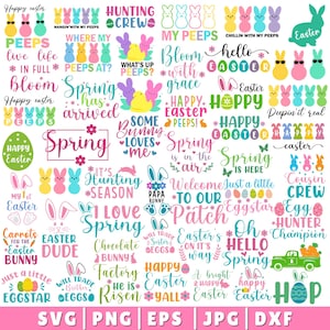 May include: A selection of colourful Easter and Spring-themed SVG, PNG, EPS, JPG, and DXF digital cut files. The designs feature bunnies, eggs, and phrases such as "Happy Easter" and "Spring has arrived."