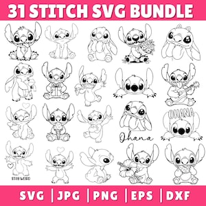 Stitch And Lilo SVG, lot de contours svg Stitch, ange svg, clipart au point, point png, lilo Cartoon Svg, point svg cricut, svg silhouette,