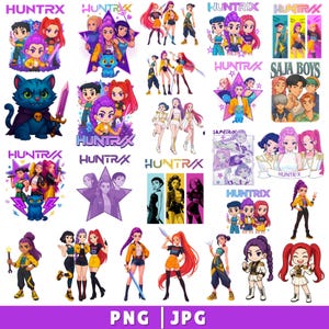 May include: A collection of digital illustrations featuring the word "HUNTR/X" and various anime-style characters. The images showcase groups of girls and boys in dynamic poses, with vibrant colors and stylized designs. Some images include a blue cat with a sword.