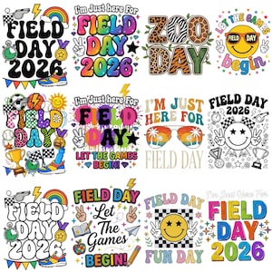 Può includere: Una collezione di grafiche colorate per il Field Day 2026, con testi come "Field Day", "Fun Day" e "Let the Games Begin". I disegni includono faccine sorridenti, attrezzature sportive e grafiche arcobaleno.