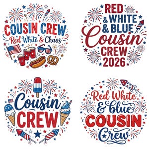 4 Cousin Crew Red White Chaos PNG, America 250, 4 de julio Diseño de sublimación (Descarga digital)