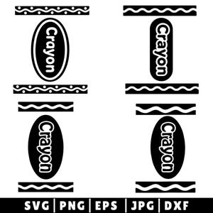 May include: A black and white digital graphic featuring four oval shapes containing the word Crayon in white text. The design includes various horizontal border strips with wavy lines and dots, and the text SVG, PNG, EPS, JPG, DXF at the bottom.