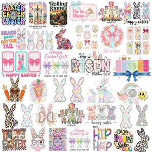 May include: A collection of Easter-themed designs featuring bunnies, bows, and text. Designs include phrases like "Happy Easter," "He is Risen," and "Spring is in the air." The color palette includes pastels, rainbows, and floral patterns.
