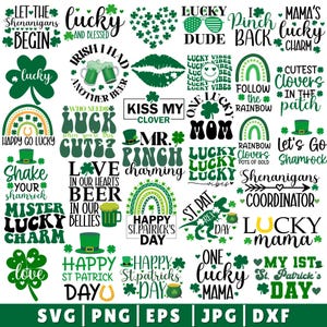 Puede incluir: Una colección de gráficos verdes y blancos con temática del Día de San Patricio. Los diseños incluyen tréboles, arcoíris, sombreros de duende y frases como "Lucky", "Kiss My Clover" y "Happy St. Patrick's Day". La imagen también incluye información sobre el tipo de archivo.