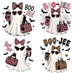May include: Four illustrations of ghosts wearing pink or brown leopard print bows and heart-shaped sunglasses. Each ghost holds a skull-patterned cup and a matching leopard print handbag. The text BOO-JEE is displayed in various fonts and colors.