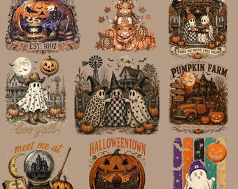 Vintage Halloween PNG Bundle, Retro Spooky Season Sublimation, Farmhouse Ghost Pumpkin Designs, Halloween Shirt PNG, Digital Download