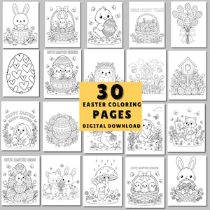 May include: A collection of 30 Easter-themed coloring pages, featuring bunnies, chicks, eggs, and baskets. The black and white illustrations are suitable for digital download and coloring. The text on the image reads "30 Easter Coloring Pages Digital Download."