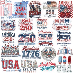 May include: A selection of designs with patriotic themes, celebrating America's 250th anniversary. The designs incorporate the American flag, the Statue of Liberty, and the words "America" and "USA" in red, white, and blue.