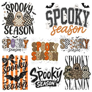 May include: A collection of nine digital graphic designs featuring the text Spooky Season, decorated with various Halloween motifs including ghosts, bats, spiderwebs, pumpkins, and patterns like leopard print, plaid, and orange stripes.