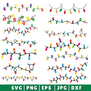 Op de afbeelding: Een verzameling kleurrijke lichtslingers in verschillende ontwerpen. Elke streng heeft verschillend gekleurde lampen, waaronder rood, groen, geel, blauw en paars. De afbeelding bevat de bestandstypen: SVG, PNG, EPS, JPG en DXF.