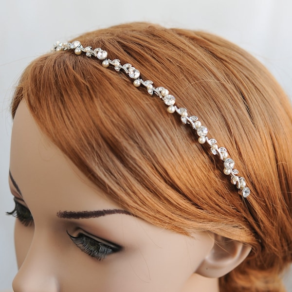 Bridal Headband, Pearl Wedding Headband, Crystal Flower Leaf Vine Headband, Swarovski Pearl Cluster Hairband, Vintage Style Hairpiece, KACEY