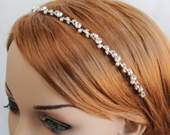 Bridal Headband, Pearl Wedding Headband, Crystal Flower Leaf Vine Headband, Swarovski Pearl Cluster Hairband, Vintage Style Hairpiece, KACEY