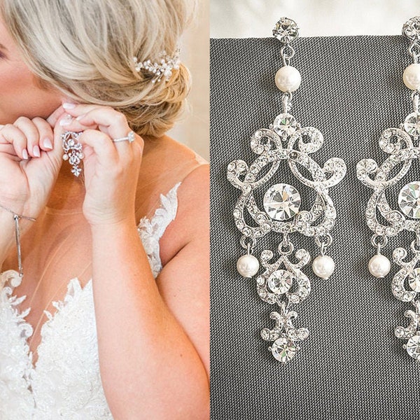 Wedding Earrings, Swarovski Pearl Dangle Earrings, Crystal Bridal Earrings, Silver, Rose Gold Chandelier Earrings, Wedding Jewelry, HERA