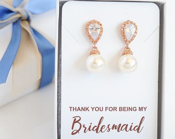 Bridesmaid Gift, Bridesmaid Earrings, Wedding Earrings, Bridal Jewelry, Swarovski Pearl Dangle Earrings, Crystal Earrings, Rose Gold, ABELIA