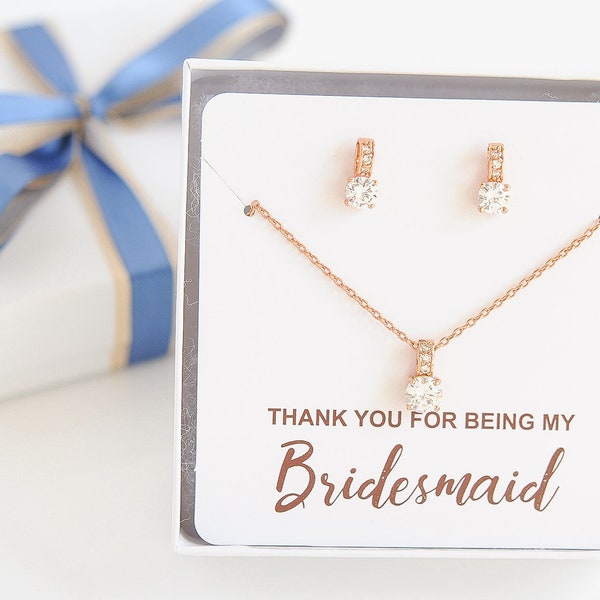 Bridesmaid Necklace Earring SET, Crystal Bridal Necklace Set, Rose Gold Wedding Earrings, Pendant Necklace, Bridal Wedding Jewelry Set,ADINA