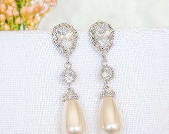 Pearl Bridal Earrings, Crystal Wedding Earrings, Swarovski Pearl Dangle Earrings, Teardrop Zirconia Stud Earrings, Bridal Jewelry, CHERYL