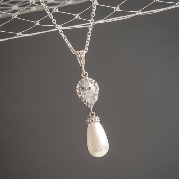 Pearl Wedding Necklace, Crystal Bridal Necklace, Sterling Silver Pendant Necklace, Sworvski Teardrop Pearl Necklace, Bridal Jewelry, ABELIA