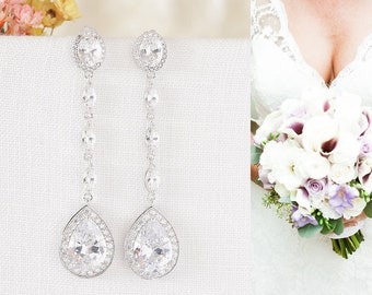 Boucles d’oreilles nuptiales, boucles d’oreilles de mariage, boucles d’oreilles Long Drop Dangle, boucles d’oreilles Halo ovales et teardrop, boucles d’oreilles en cristal balançant, or rose, IVANA