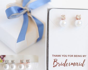 Bridesmaid Earrings, Pearl Bridal Earrings, Rose Gold Wedding Earrings, Crystal Stud Earrings, Bridesmaid Jewelry, Bridesmaid Gift, TANIKA