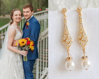 Gold Wedding Bridal Earrings, Crystal Bridal Earrings, Swarovski Pearl Drop Dangle Earrings, Old Hollywood Wedding Bridal Jewelry, TRISSIE