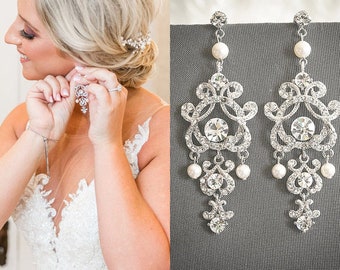 Wedding Earrings, Swarovski Pearl Dangle Earrings, Crystal Bridal Earrings, Silver, Rose Gold Chandelier Earrings, Wedding Jewelry, HERA