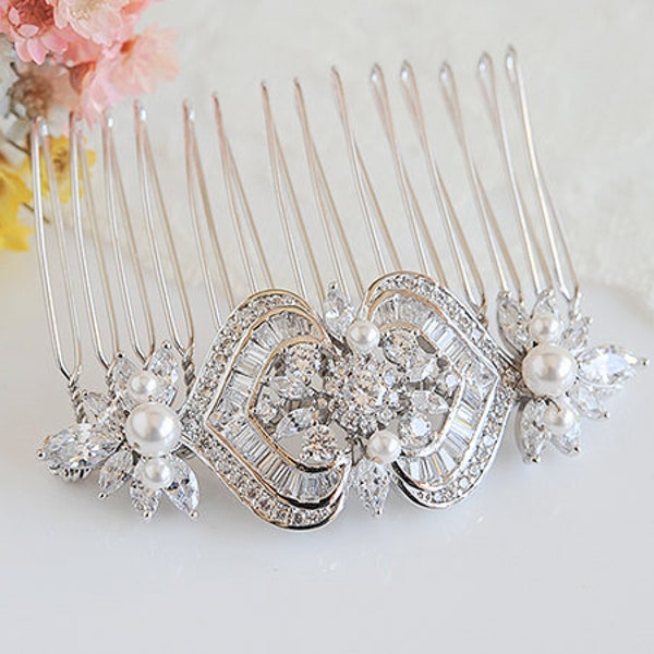 Crystal Bridal Hair Comb, Swarovski Pearl Wedding Hair Comb, Vintage Style Flower Leaf Headpiece, Bridal Hair Clip, Hair Jewelry, EZMAE
