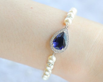 Bridal Bracelet, Blue, Pink, Purple Crystal Bracelet, Teardrop Bracelet, Swarovski Pearl Bracelet, Wedding Bracelet, Bridal Jewelry, FAYE