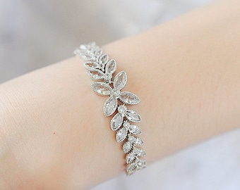 Bracelet de mariée en cristal, bracelet de mariage, bracelet de feuille, bracelet de tennis en cristal marquise, or rose, bijoux de mariage de fleurs, CHIARA