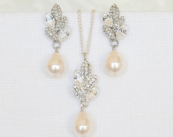 Wedding Bridal Jewelry SET, Vintage Style Filigree Leaf Bridal Necklace and Earrings, Swarovski Crystal & Pearl Wedding Jewelry Set, ASHTYN