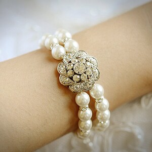 Bridal Bracelet, Swarovski Pearl Wedding Bracelet Cuff, Vintage Style Crystal Rhinestone Flower Statement Bracelet, Wedding Jewelry, EZINA image 2