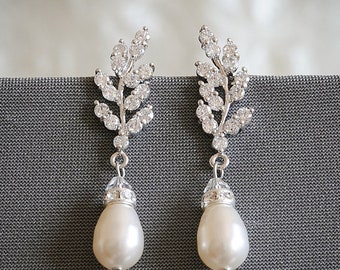 Boucles d’oreilles de mariage, Boucles d’oreilles de mariée en or rose, Boucles d’oreilles pendantes en feuille de cristal, Boucles d’oreilles Swarovski Pearl Drop, Bijoux de mariage de mariage, CINDY