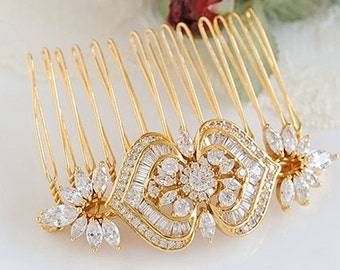 Gold Wedding Hair Comb, Bridal Hair Comb, Art Deco Crystal Hair Clip, Swarovski Pearl Flower Leaf Hairpiece, Wedding Hair Accessories, EZMAE