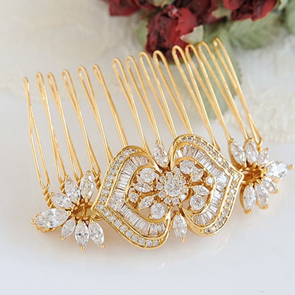 Gold Wedding Hair Comb, Bridal Hair Comb, Art Deco Crystal Hair Clip, Swarovski Pearl Flower Leaf Hairpiece, Wedding Hair Accessories, EZMAE