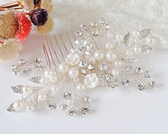 Wedding Hair Comb, Bridal Hair Pin, Boho Hair Vine, Crystal Flower Leaf Hair Comb, Pearl Hair Accessories, Bridal Hair Jewelry, BONITA