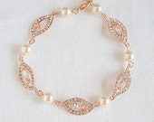 Bridal Pearl Bracelet, Wedding Bracelet, Rose Gold Bridal Bracelet, Swarovski Bracelet, Crystal Leaf Filigree Bridal Bracelet, AUGUSTINA