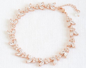 Rose Gold Bridal Bracelet, Wedding Bracelet, Marquise Crystal Bridal Bracelet, Leaf Tennis Bracelet, Wedding Bridal Jewelry, Silver, POPPY