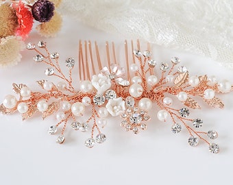 Rose Gold Bridal Hair Comb, Boho Leaf Hair Pin, Pearl Cluster Bridal Hair Comb, Crystal Flower Hair Accessories,Wedding Hair Jewelry, BONITA