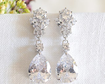 Crystal Bridal Earrings, Wedding Earrings, Teardrop Dangle Earrings, Modern Vintage Style Flower Earrings, Bridal Jewelry, Rose Gold, PERRIE