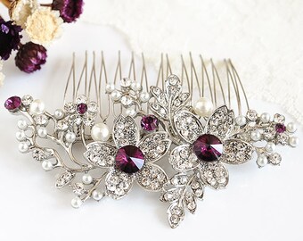 Bridal Hair Comb, PURPLE Wedding Hair Comb, Swarovski Crystal Hair Comb, Flower Leaf Hair Comb, Wedding Hair Accessories, Hair Pin, SHERI