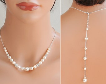 Back Drop Necklace SET, Rose Gold Pearl Back Necklace, Bridal Earrings, Wedding Jewelry SET, Swarovski Pearl Earrings and Necklace, TAYLOR