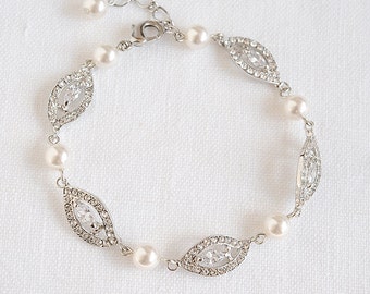 Bridal Bracelet, Wedding Pearl Bracelet, Marquise Crystal Bridal Bracelet, Swarovski Pearl Bracelet, Leaf Filigree Bridal Bracelet,AUGUSTINA