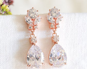 Rose Gold Bridal Earrings, Crystal Flower Wedding Earrings, Teardrop Dangle Earrings,Vintage Style Leaf Drop Earrings,Bridal Jewelry, PERRIE