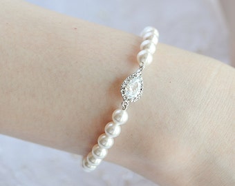 Pearl Bridal Bracelet, Wedding Bracelet, Teardrop Crystal Bracelet, Swarovski Pearl Bracelet Cuff, Simple Bridal Jewelry,Bridesmaids, ABELIA