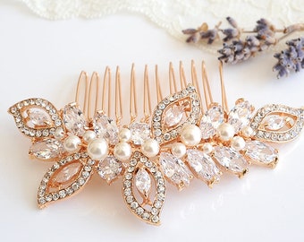 Bridal Hair Comb, Rose Gold Wedding Hair Comb, Crystal Leaf Hair Comb, Swarovski Pearl Bridal Headpiece, Wedding Bridal Hair Clip, AUGUSTINA