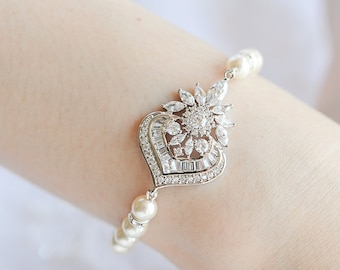 Bridal Pearl Bracelet, Crystal Wedding Bracelet, Swarovski Pearl Bracelet, Flower Leaf Tennis Bracelet, Vintage Style Bridal Jewelry, EZMAE