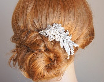 Bridal Hair Comb, Vintage Style Bridal Hair Accessories, Swarovski Crystal and Pearl Wedding Hair Comb, Flower Leaf Wedding Hairpiece, MAITE