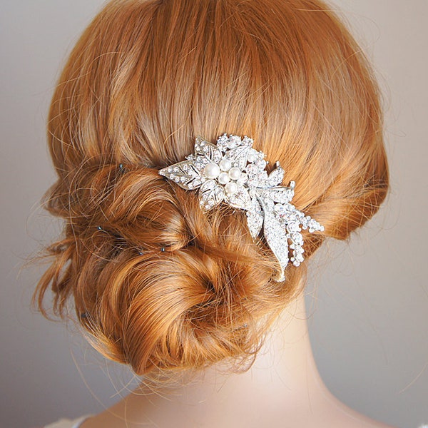 Bridal Hair Comb, Vintage Style Bridal Hair Accessories, Swarovski Crystal and Pearl Wedding Hair Comb, Flower Leaf Wedding Hairpiece, MAITE